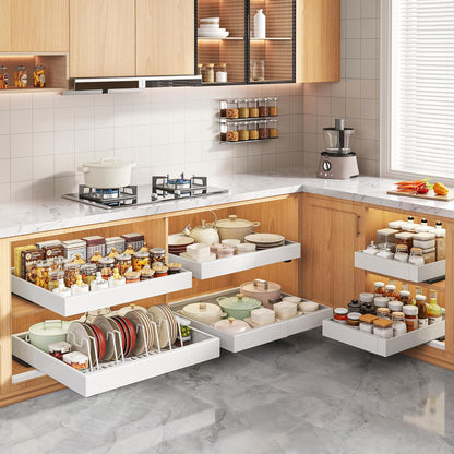 Pull Out Cabinet Organizers 21"Deep with Raising Pad for Framed Cabinets,Expandable Slide Out Drawers Upgrade 3 Slide Rails,Roll Out Shelves Adhesive,Adjustable Width 12"-20.45" White