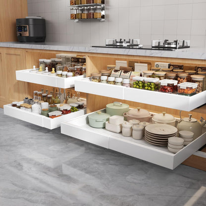 Pull Out Cabinet Organizers 21"Deep with Raising Pad for Framed Cabinets,Expandable Slide Out Drawers Upgrade 3 Slide Rails,Roll Out Shelves Adhesive,Adjustable Width 12"-20.45" White