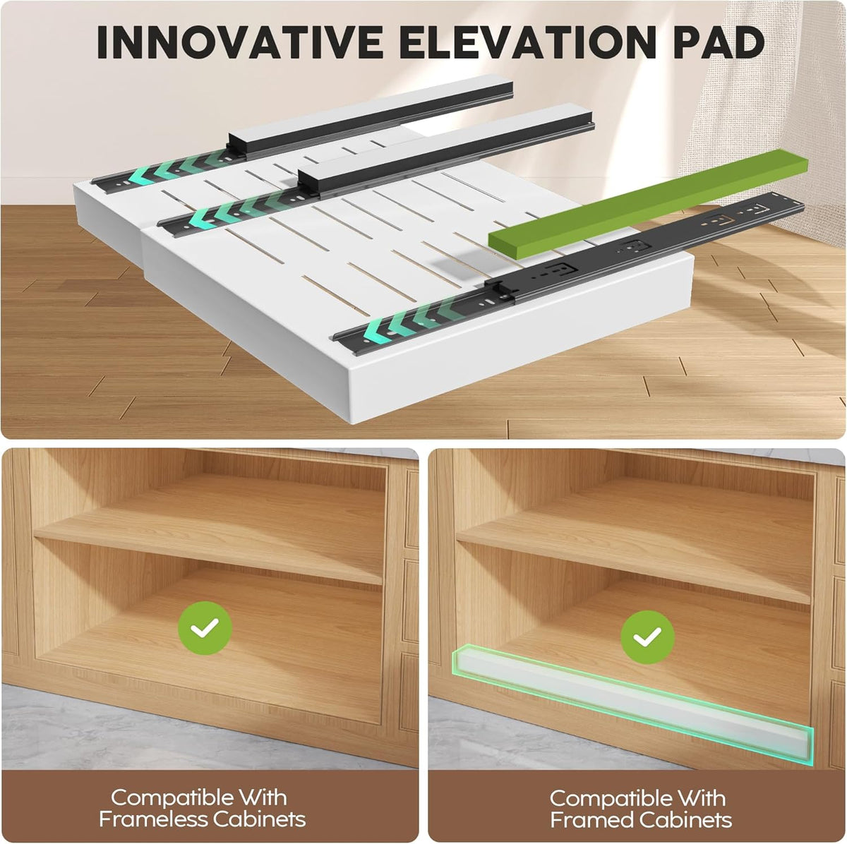 Pull Out Cabinet Organizers 21"Deep with Raising Pad for Framed Cabinets,Expandable Slide Out Drawers Upgrade 3 Slide Rails,Roll Out Shelves Adhesive,Adjustable Width 12"-20.45" White
