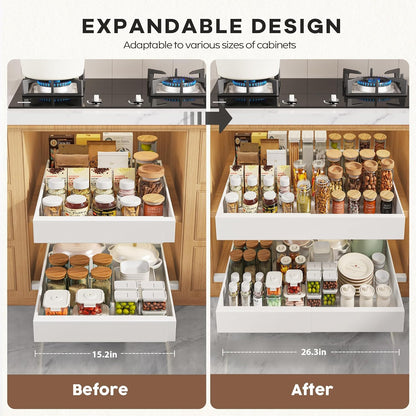 Pull Out Cabinet Organizers 21"Deep with Raising Pad for Framed Cabinets,Expandable Slide Out Drawers Upgrade 3 Slide Rails,Roll Out Shelves Adhesive,Adjustable Width 12"-20.45" White