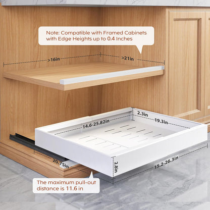 Pull Out Cabinet Organizers 21"Deep with Raising Pad for Framed Cabinets,Expandable Slide Out Drawers Upgrade 3 Slide Rails,Roll Out Shelves Adhesive,Adjustable Width 12"-20.45" White