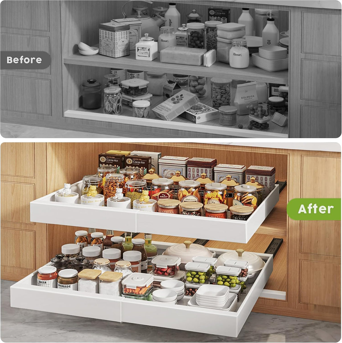 Pull Out Cabinet Organizers 21"Deep with Raising Pad for Framed Cabinets,Expandable Slide Out Drawers Upgrade 3 Slide Rails,Roll Out Shelves Adhesive,Adjustable Width 12"-20.45" White