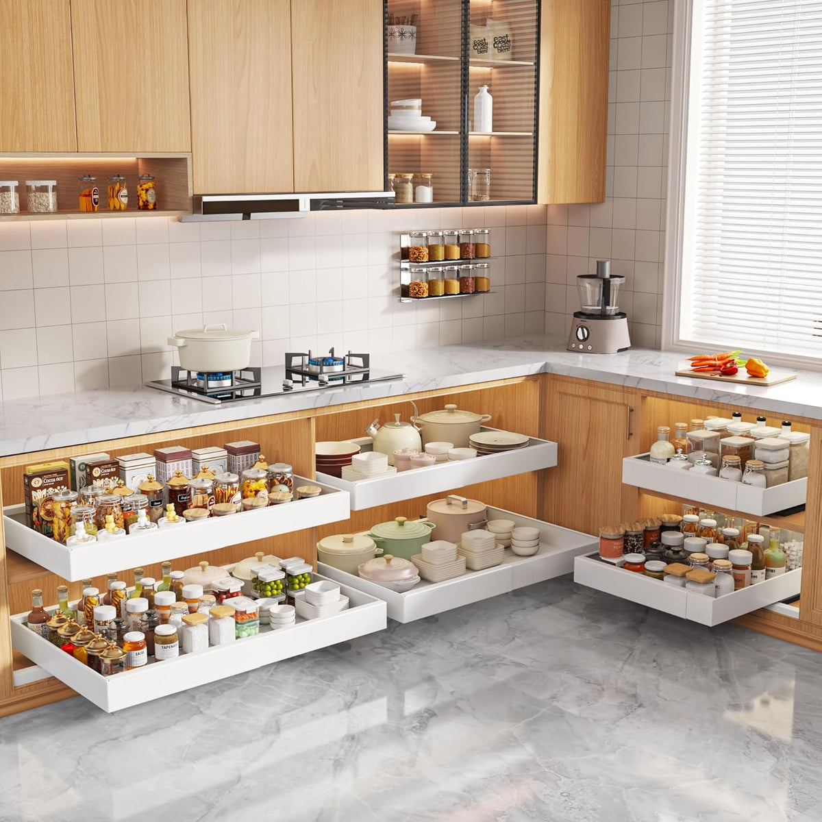 Pull Out Cabinet Organizers 21"Deep with Raising Pad for Framed Cabinets,Expandable Slide Out Drawers Upgrade 3 Slide Rails,Roll Out Shelves Adhesive,Adjustable Width 12"-20.45" White