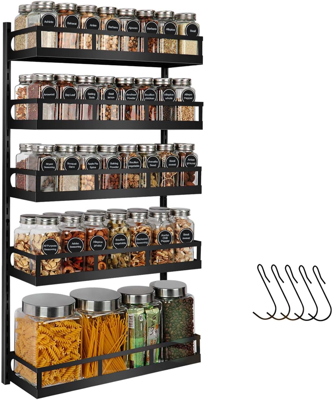 Wall Mount Spice Rack Organizer 5 Tier Height-Adjustable Hanging Spice Shelf Storage for Kitchen Pantry Cabinet, Dual-Use Seasoning Holder Rack with Hooks, Black-Patented