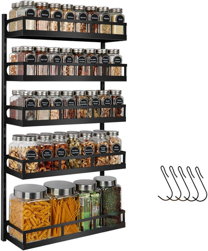 Wall Mount Spice Rack Organizer 5 Tier Height-Adjustable Hanging Spice Shelf Storage for Kitchen Pantry Cabinet, Dual-Use Seasoning Holder Rack with Hooks, Black-Patented