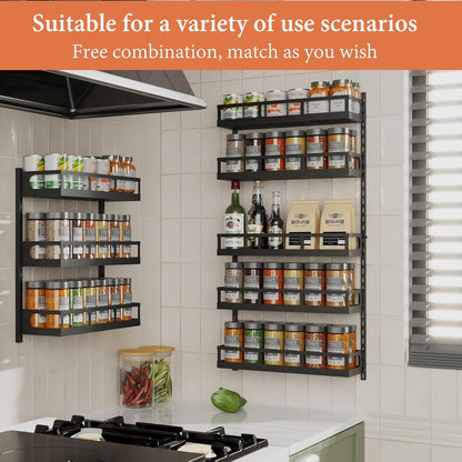 Wall Mount Spice Rack Organizer 5 Tier Height-Adjustable Hanging Spice Shelf Storage for Kitchen Pantry Cabinet, Dual-Use Seasoning Holder Rack with Hooks, Black-Patented