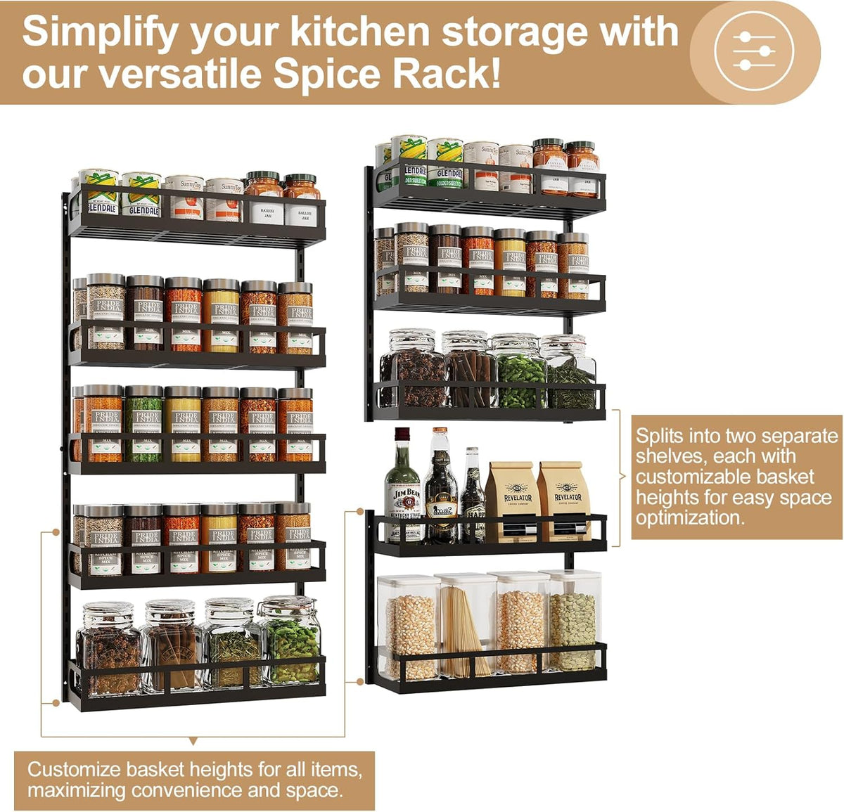 Wall Mount Spice Rack Organizer 5 Tier Height-Adjustable Hanging Spice Shelf Storage for Kitchen Pantry Cabinet, Dual-Use Seasoning Holder Rack with Hooks, Black-Patented