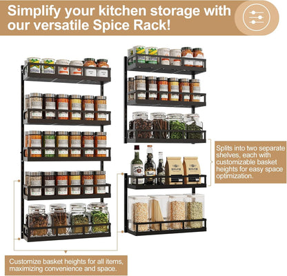 Wall Mount Spice Rack Organizer 5 Tier Height-Adjustable Hanging Spice Shelf Storage for Kitchen Pantry Cabinet, Dual-Use Seasoning Holder Rack with Hooks, Black-Patented