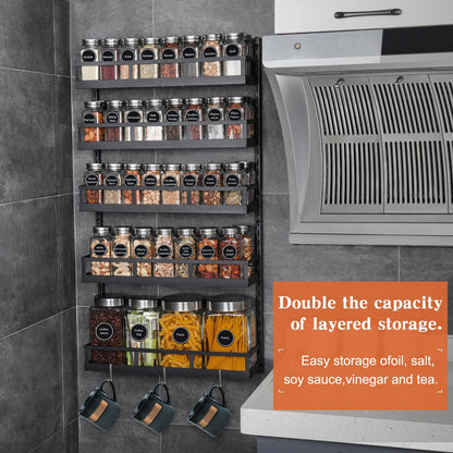 Wall Mount Spice Rack Organizer 5 Tier Height-Adjustable Hanging Spice Shelf Storage for Kitchen Pantry Cabinet, Dual-Use Seasoning Holder Rack with Hooks, Black-Patented