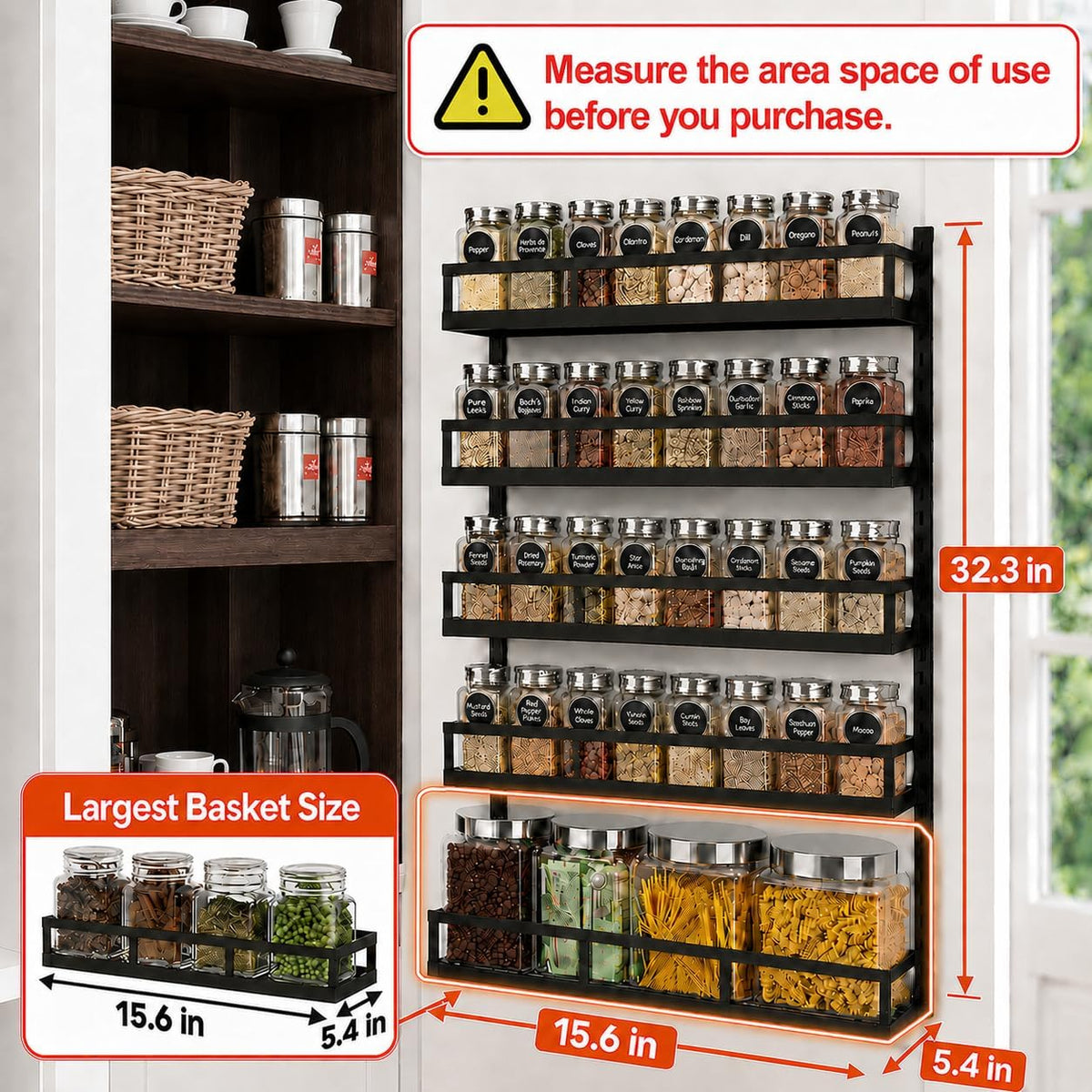 Wall Mount Spice Rack Organizer 5 Tier Height-Adjustable Hanging Spice Shelf Storage for Kitchen Pantry Cabinet, Dual-Use Seasoning Holder Rack with Hooks, Black-Patented