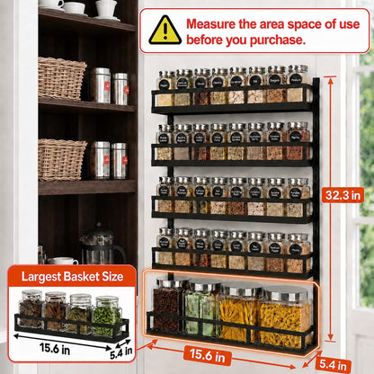 Wall Mount Spice Rack Organizer 5 Tier Height-Adjustable Hanging Spice Shelf Storage for Kitchen Pantry Cabinet, Dual-Use Seasoning Holder Rack with Hooks, Black-Patented