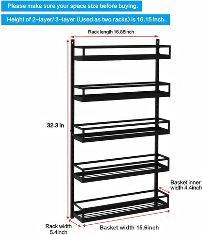 Wall Mount Spice Rack Organizer 5 Tier Height-Adjustable Hanging Spice Shelf Storage for Kitchen Pantry Cabinet, Dual-Use Seasoning Holder Rack with Hooks, Black-Patented