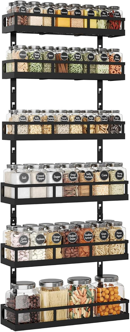 Wall Mount Spice Rack Organizer 5 Tier Height-Adjustable Hanging Spice Shelf Storage for Kitchen Pantry Cabinet, Dual-Use Seasoning Holder Rack with Hooks, Black-Patented