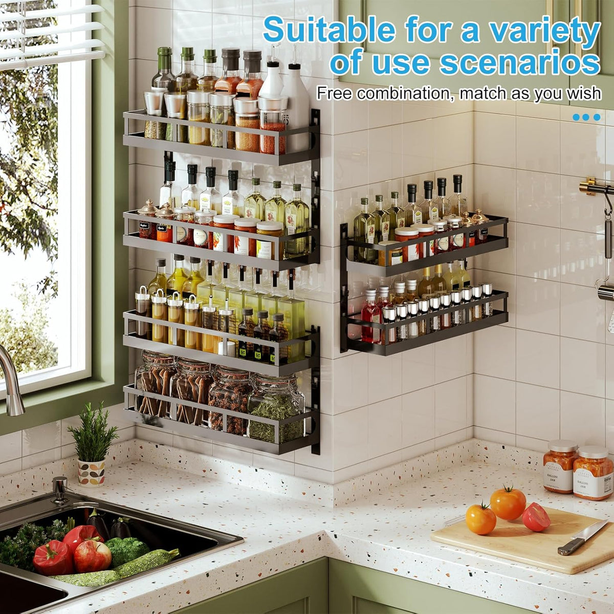 Wall Mount Spice Rack Organizer 5 Tier Height-Adjustable Hanging Spice Shelf Storage for Kitchen Pantry Cabinet, Dual-Use Seasoning Holder Rack with Hooks, Black-Patented