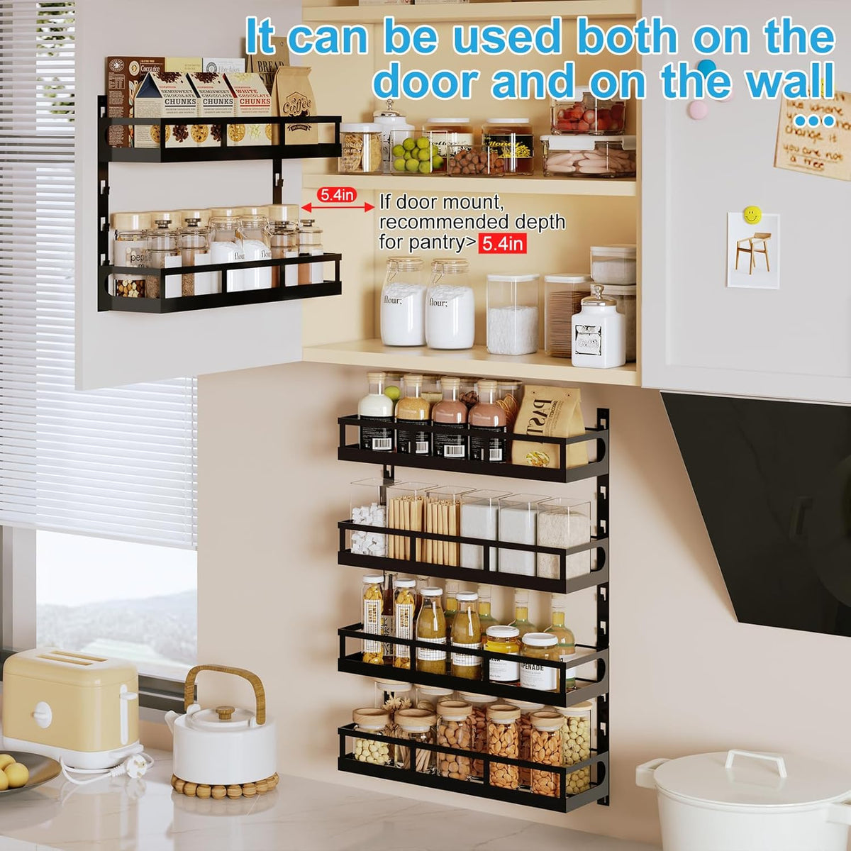 Wall Mount Spice Rack Organizer 5 Tier Height-Adjustable Hanging Spice Shelf Storage for Kitchen Pantry Cabinet, Dual-Use Seasoning Holder Rack with Hooks, Black-Patented