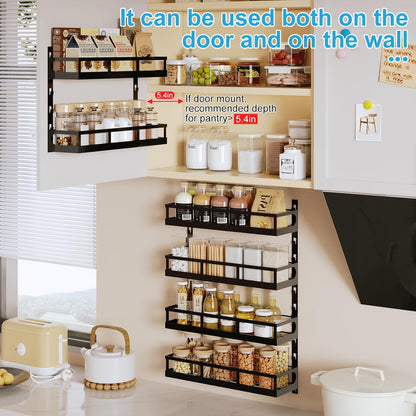 Wall Mount Spice Rack Organizer 5 Tier Height-Adjustable Hanging Spice Shelf Storage for Kitchen Pantry Cabinet, Dual-Use Seasoning Holder Rack with Hooks, Black-Patented