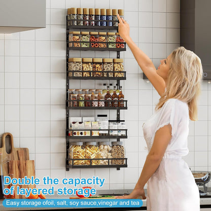 Wall Mount Spice Rack Organizer 5 Tier Height-Adjustable Hanging Spice Shelf Storage for Kitchen Pantry Cabinet, Dual-Use Seasoning Holder Rack with Hooks, Black-Patented