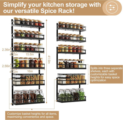 Wall Mount Spice Rack Organizer 5 Tier Height-Adjustable Hanging Spice Shelf Storage for Kitchen Pantry Cabinet, Dual-Use Seasoning Holder Rack with Hooks, Black-Patented