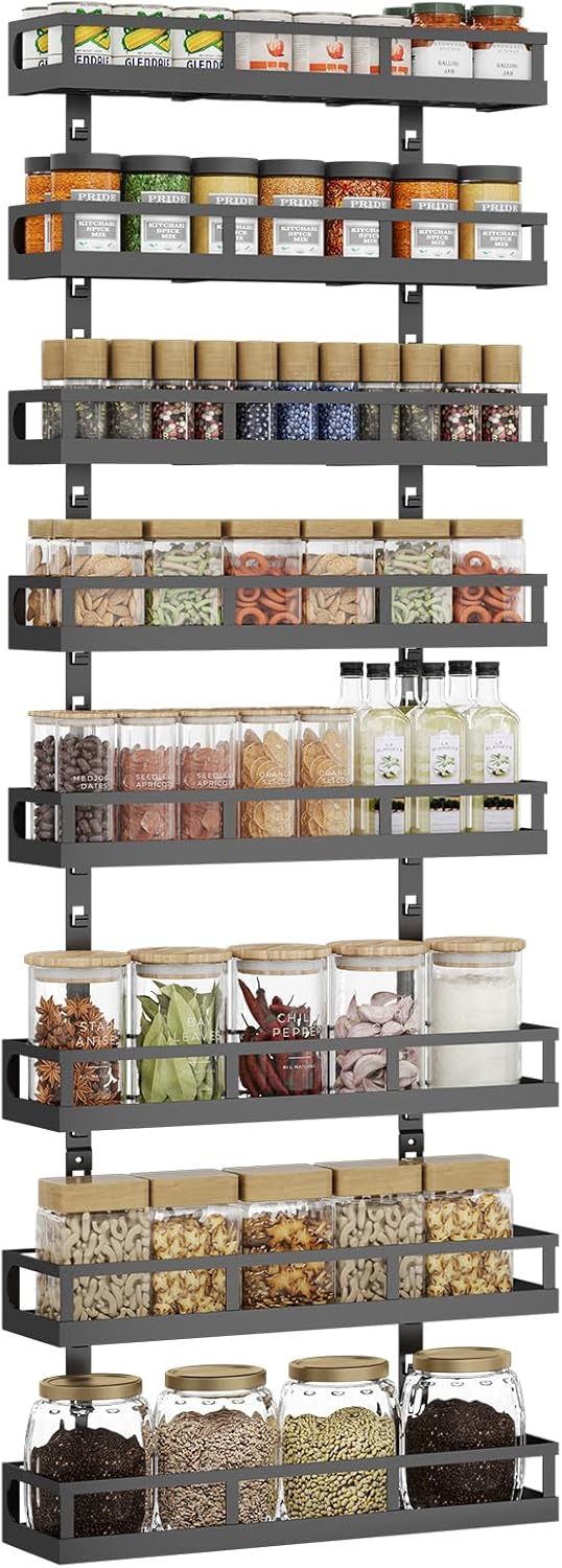 Wall Mount Spice Rack Organizer 5 Tier Height-Adjustable Hanging Spice Shelf Storage for Kitchen Pantry Cabinet, Dual-Use Seasoning Holder Rack with Hooks, Black-Patented