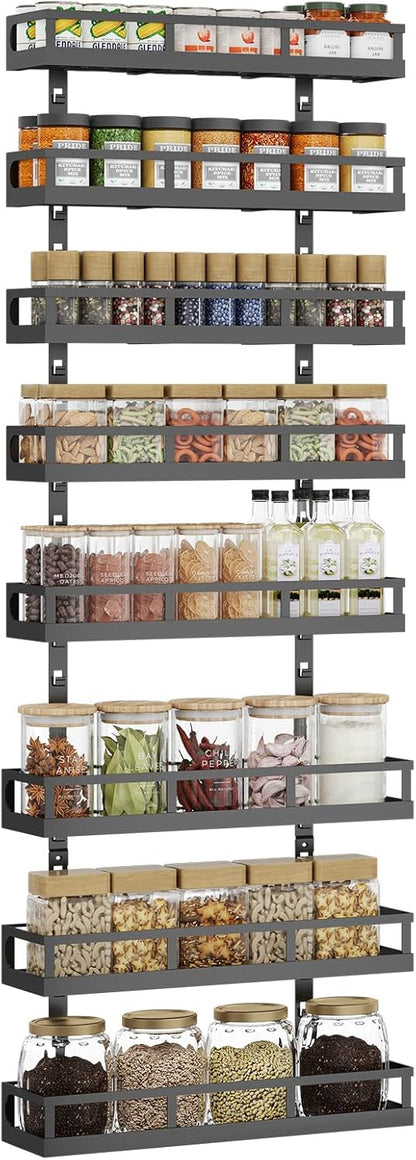 Wall Mount Spice Rack Organizer 5 Tier Height-Adjustable Hanging Spice Shelf Storage for Kitchen Pantry Cabinet, Dual-Use Seasoning Holder Rack with Hooks, Black-Patented