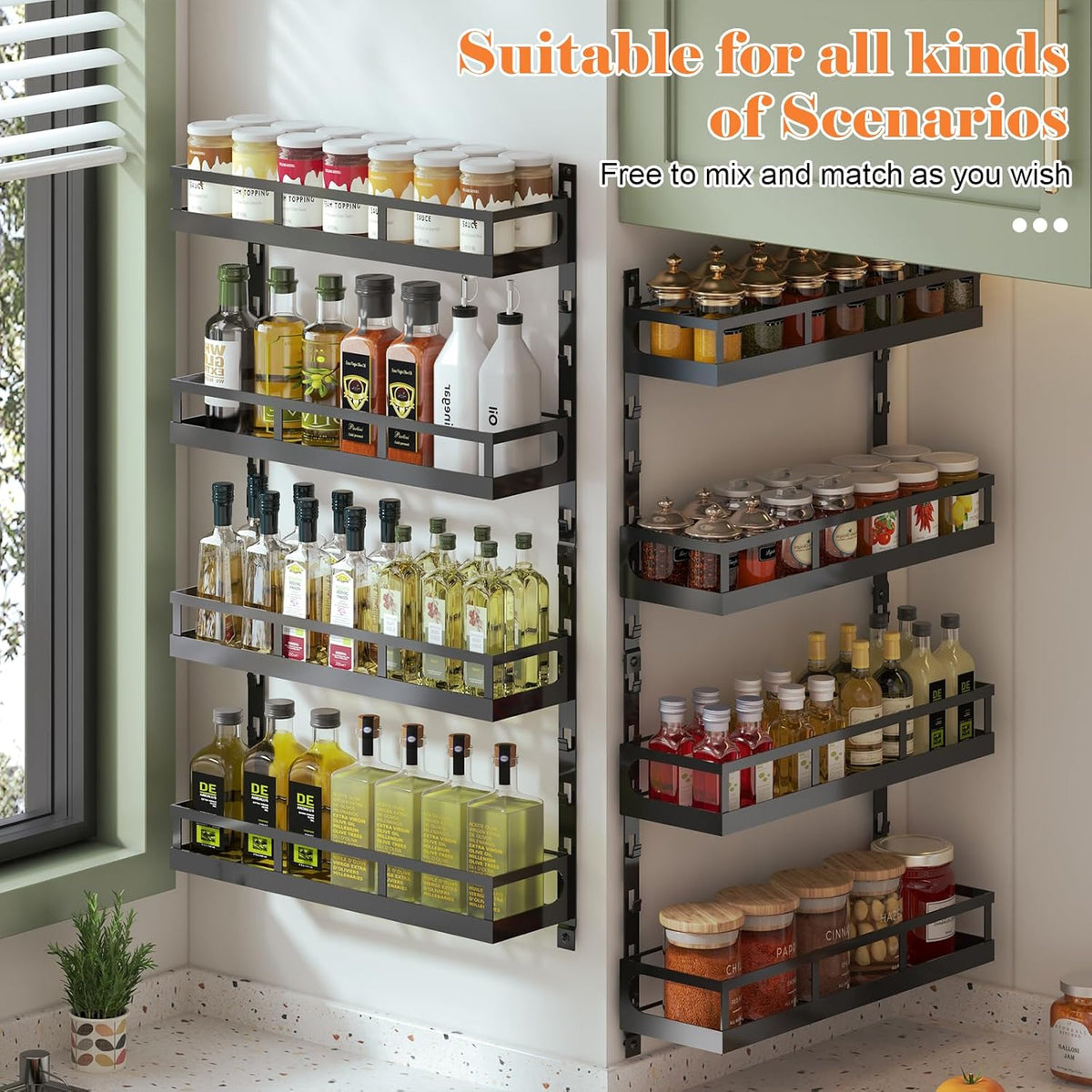 Wall Mount Spice Rack Organizer 5 Tier Height-Adjustable Hanging Spice Shelf Storage for Kitchen Pantry Cabinet, Dual-Use Seasoning Holder Rack with Hooks, Black-Patented
