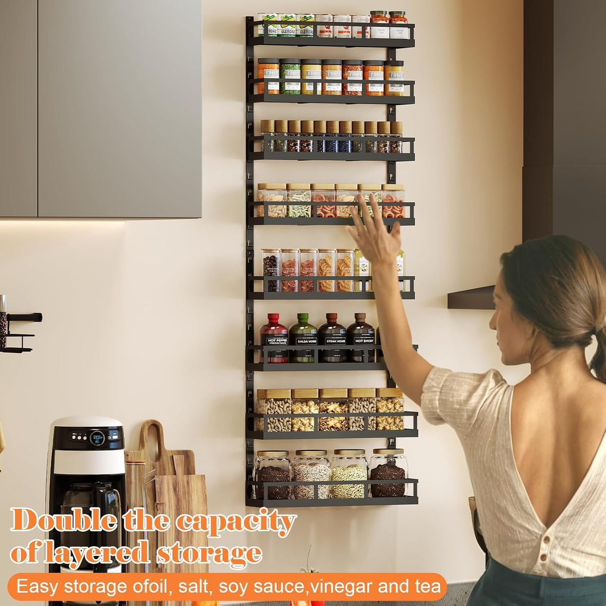 Wall Mount Spice Rack Organizer 5 Tier Height-Adjustable Hanging Spice Shelf Storage for Kitchen Pantry Cabinet, Dual-Use Seasoning Holder Rack with Hooks, Black-Patented
