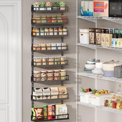 Wall Mount Spice Rack Organizer 5 Tier Height-Adjustable Hanging Spice Shelf Storage for Kitchen Pantry Cabinet, Dual-Use Seasoning Holder Rack with Hooks, Black-Patented