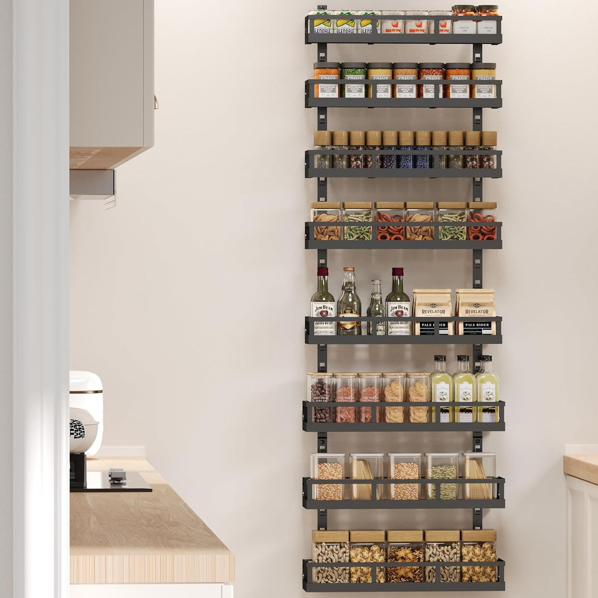 Wall Mount Spice Rack Organizer 5 Tier Height-Adjustable Hanging Spice Shelf Storage for Kitchen Pantry Cabinet, Dual-Use Seasoning Holder Rack with Hooks, Black-Patented