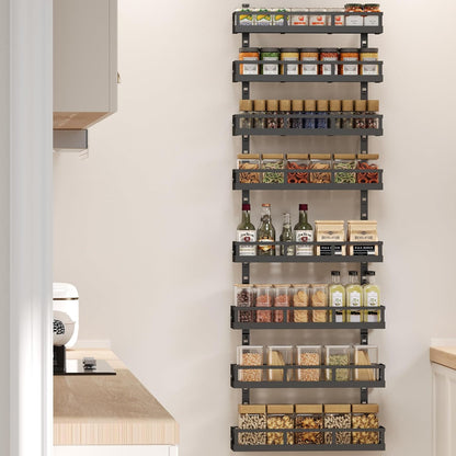 Wall Mount Spice Rack Organizer 5 Tier Height-Adjustable Hanging Spice Shelf Storage for Kitchen Pantry Cabinet, Dual-Use Seasoning Holder Rack with Hooks, Black-Patented