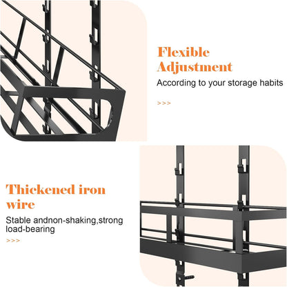 Wall Mount Spice Rack Organizer 5 Tier Height-Adjustable Hanging Spice Shelf Storage for Kitchen Pantry Cabinet, Dual-Use Seasoning Holder Rack with Hooks, Black-Patented