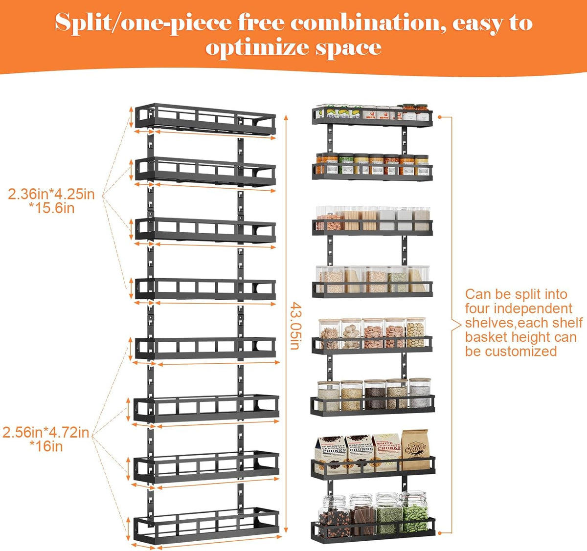 Wall Mount Spice Rack Organizer 5 Tier Height-Adjustable Hanging Spice Shelf Storage for Kitchen Pantry Cabinet, Dual-Use Seasoning Holder Rack with Hooks, Black-Patented
