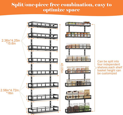 Wall Mount Spice Rack Organizer 5 Tier Height-Adjustable Hanging Spice Shelf Storage for Kitchen Pantry Cabinet, Dual-Use Seasoning Holder Rack with Hooks, Black-Patented