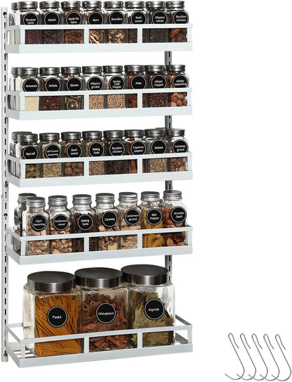 Wall Mount Spice Rack Organizer 5 Tier Height-Adjustable Hanging Spice Shelf Storage for Kitchen Pantry Cabinet, Dual-Use Seasoning Holder Rack with Hooks, Black-Patented