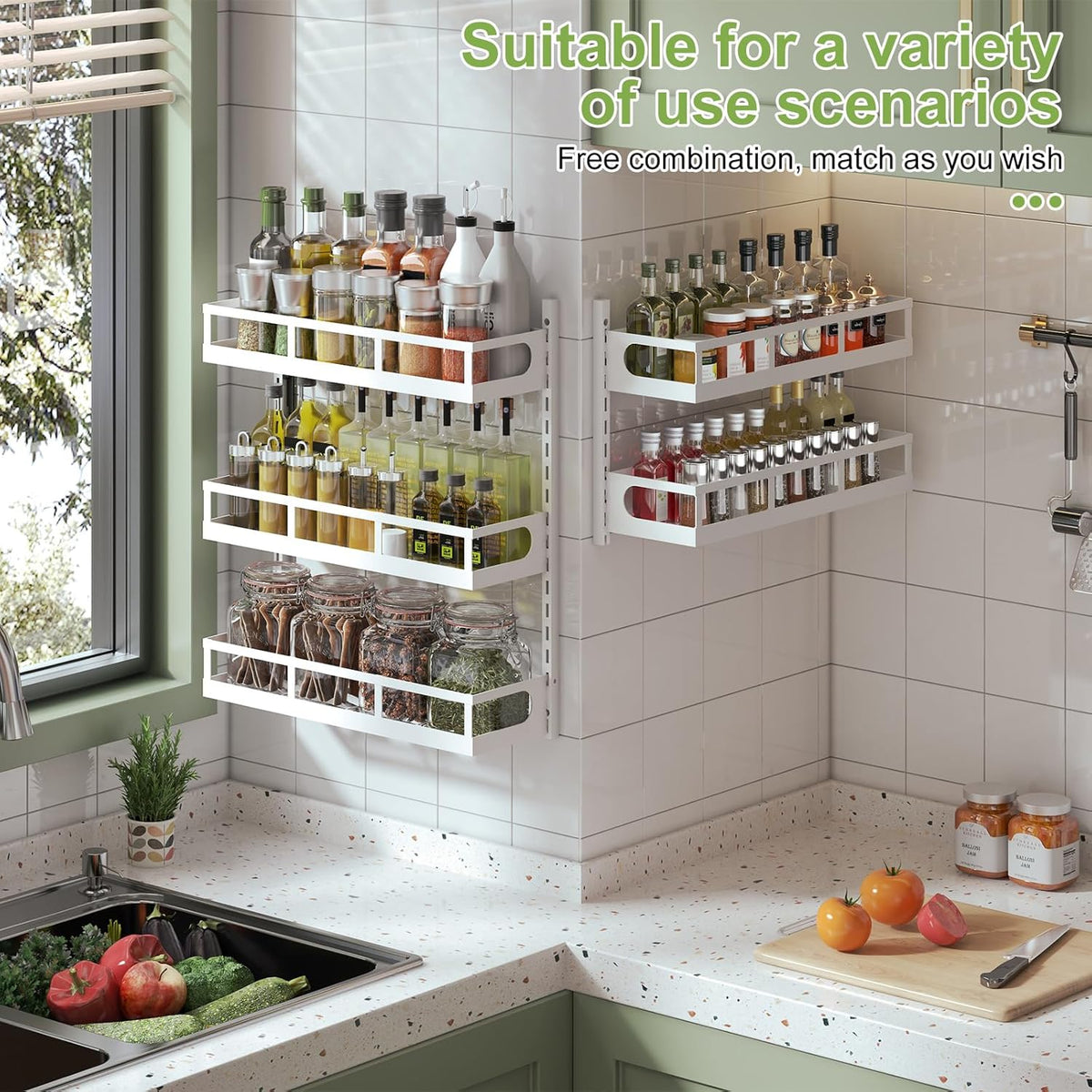 Wall Mount Spice Rack Organizer 5 Tier Height-Adjustable Hanging Spice Shelf Storage for Kitchen Pantry Cabinet, Dual-Use Seasoning Holder Rack with Hooks, Black-Patented