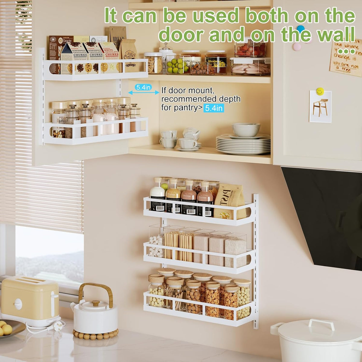Wall Mount Spice Rack Organizer 5 Tier Height-Adjustable Hanging Spice Shelf Storage for Kitchen Pantry Cabinet, Dual-Use Seasoning Holder Rack with Hooks, Black-Patented