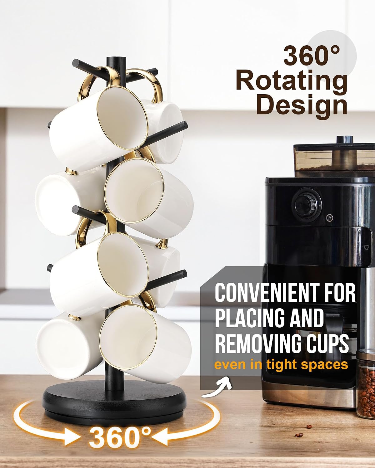 Coffee Mug Tree, 360° Rotating Wooden Mug Holder with 8 Hooks