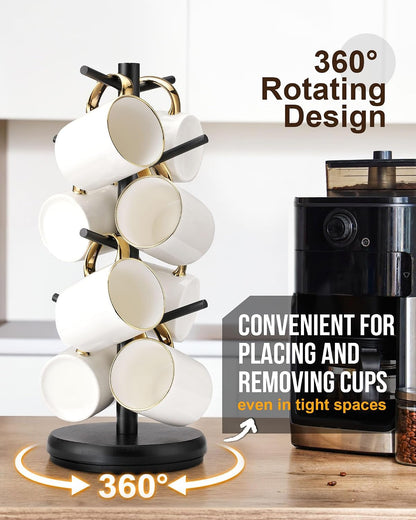 Coffee Mug Tree, 360° Rotating Wooden Mug Holder with 8 Hooks