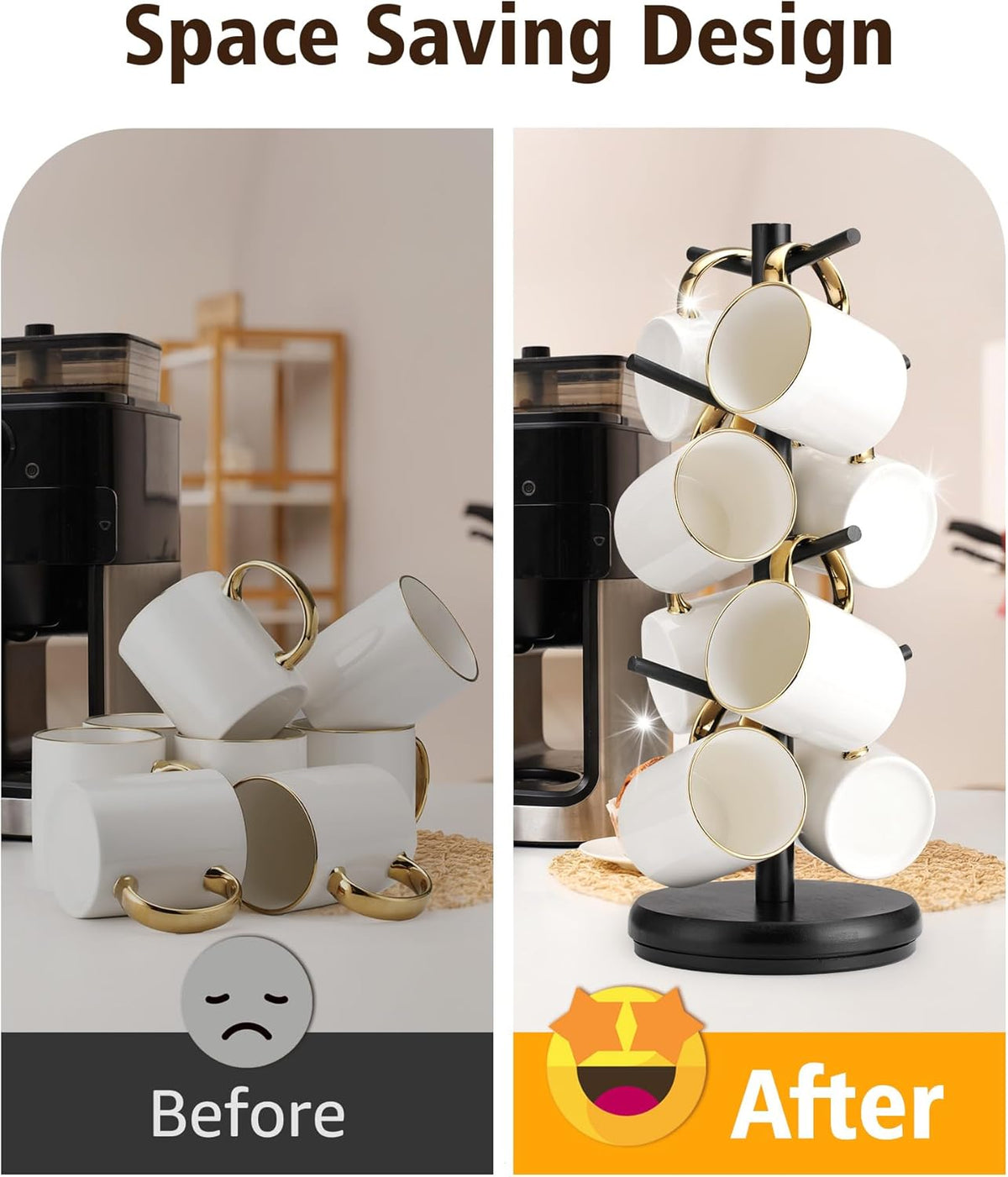 Coffee Mug Tree, 360° Rotating Wooden Mug Holder with 8 Hooks
