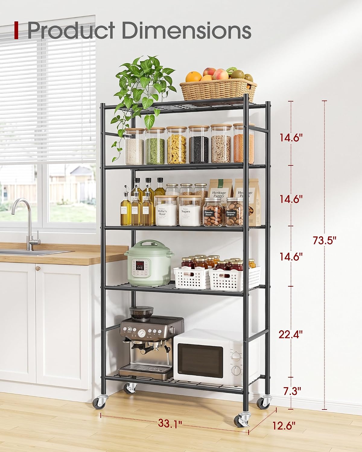 5-Tier Storage Shelves 33.1" x12.6" x73.5" Black with Wheels
