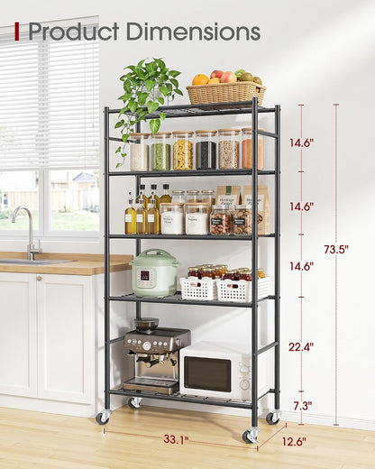 5-Tier Storage Shelves 33.1" x12.6" x73.5" Black with Wheels