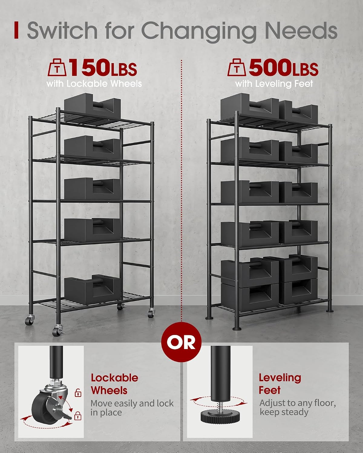 5-Tier Storage Shelves 33.1" x12.6" x73.5" Black with Wheels