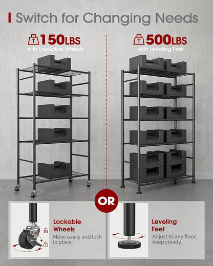 5-Tier Storage Shelves 33.1" x12.6" x73.5" Black with Wheels