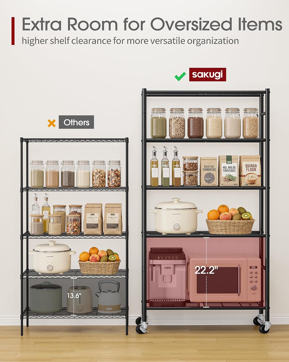 5-Tier Storage Shelves 33.1" x12.6" x73.5" Black with Wheels