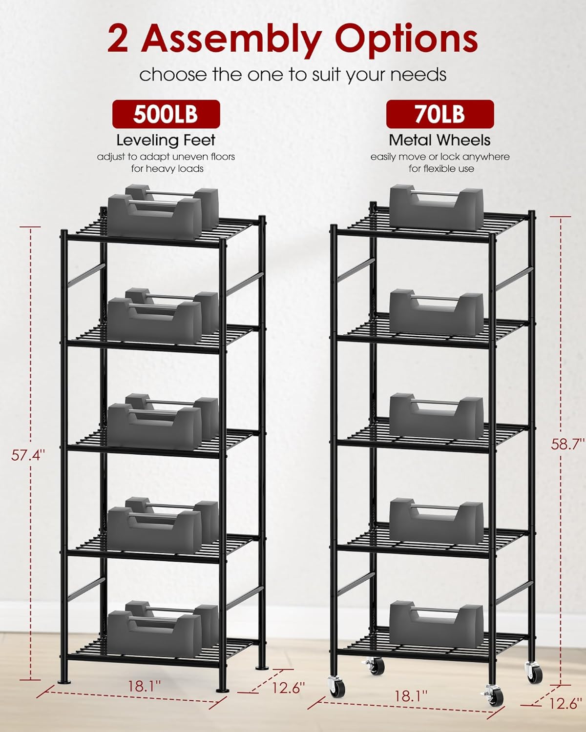 5-Tier Storage Shelves 33.1" x12.6" x73.5" Black with Wheels