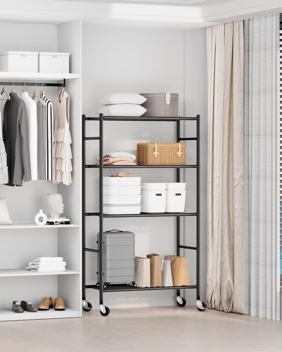 5-Tier Storage Shelves 33.1" x12.6" x73.5" Black with Wheels