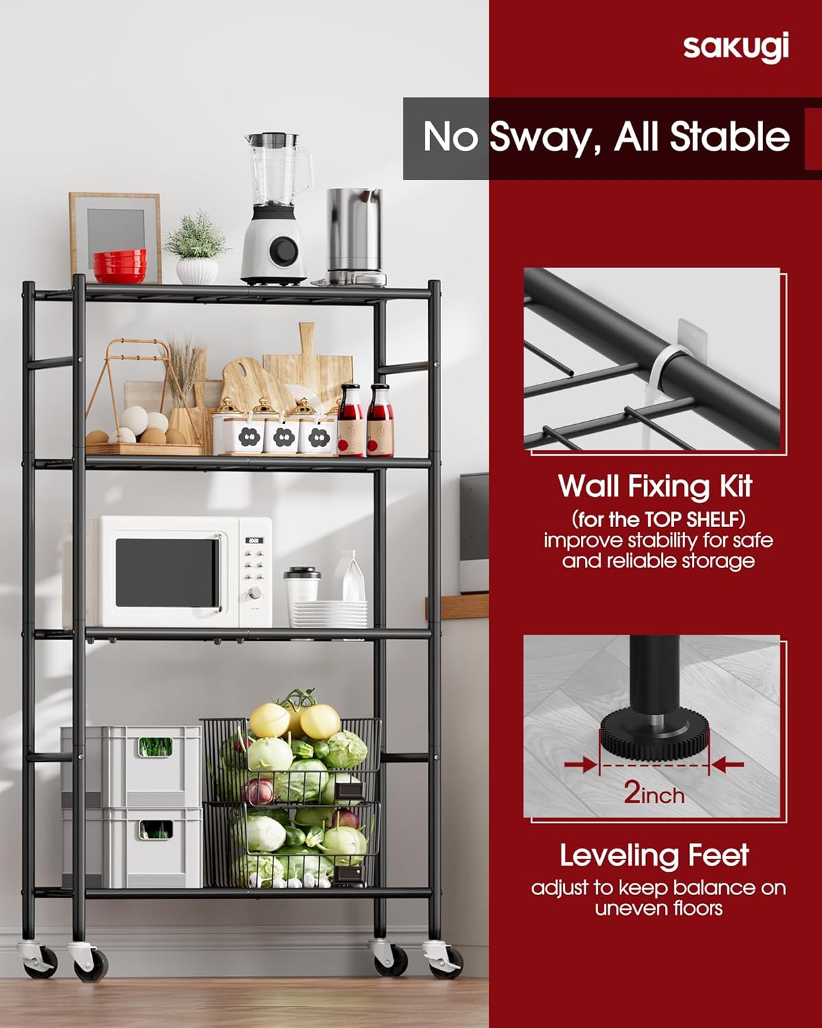 5-Tier Storage Shelves 33.1" x12.6" x73.5" Black with Wheels