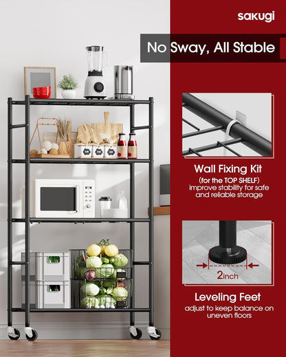 5-Tier Storage Shelves 33.1" x12.6" x73.5" Black with Wheels