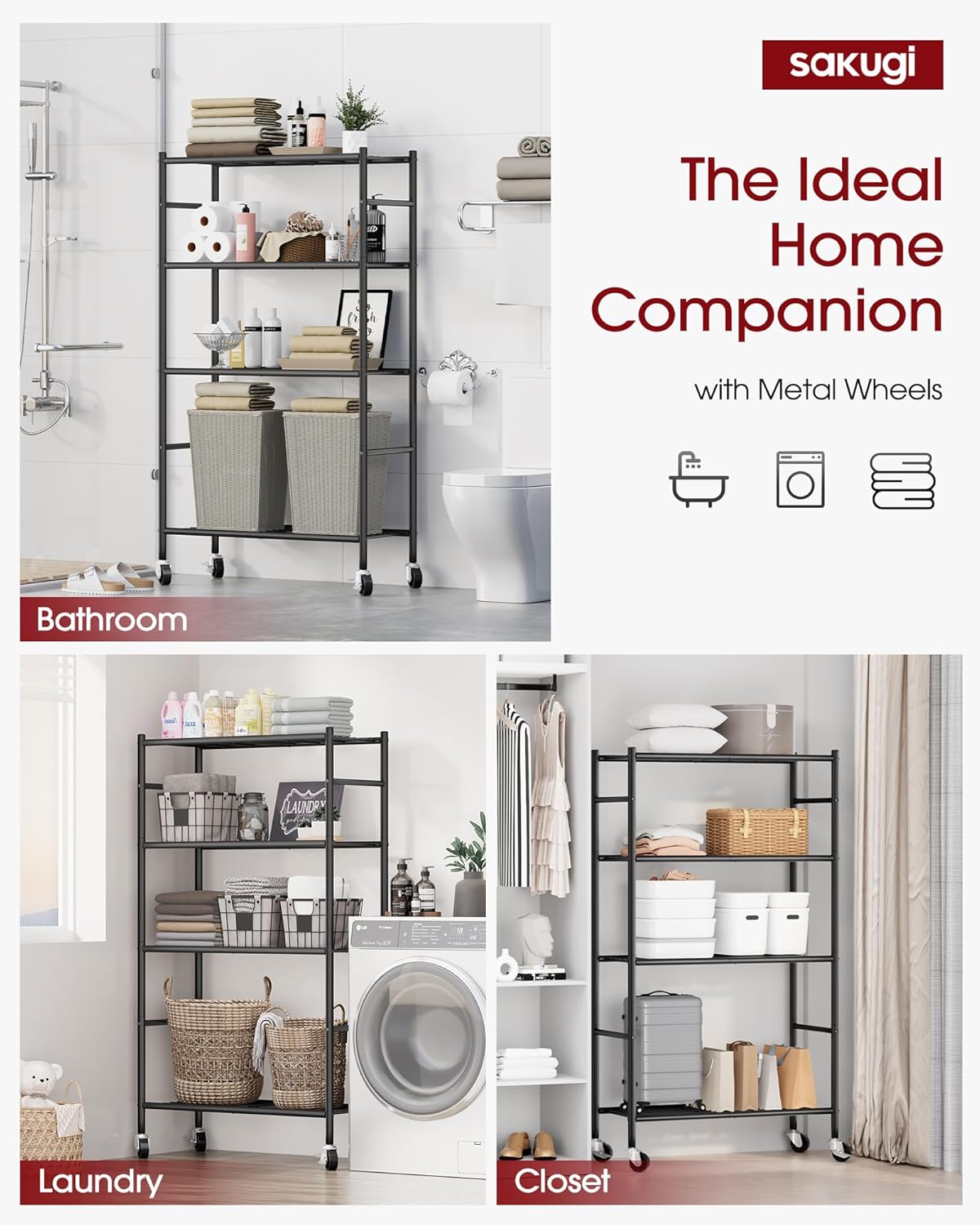 5-Tier Storage Shelves 33.1" x12.6" x73.5" Black with Wheels