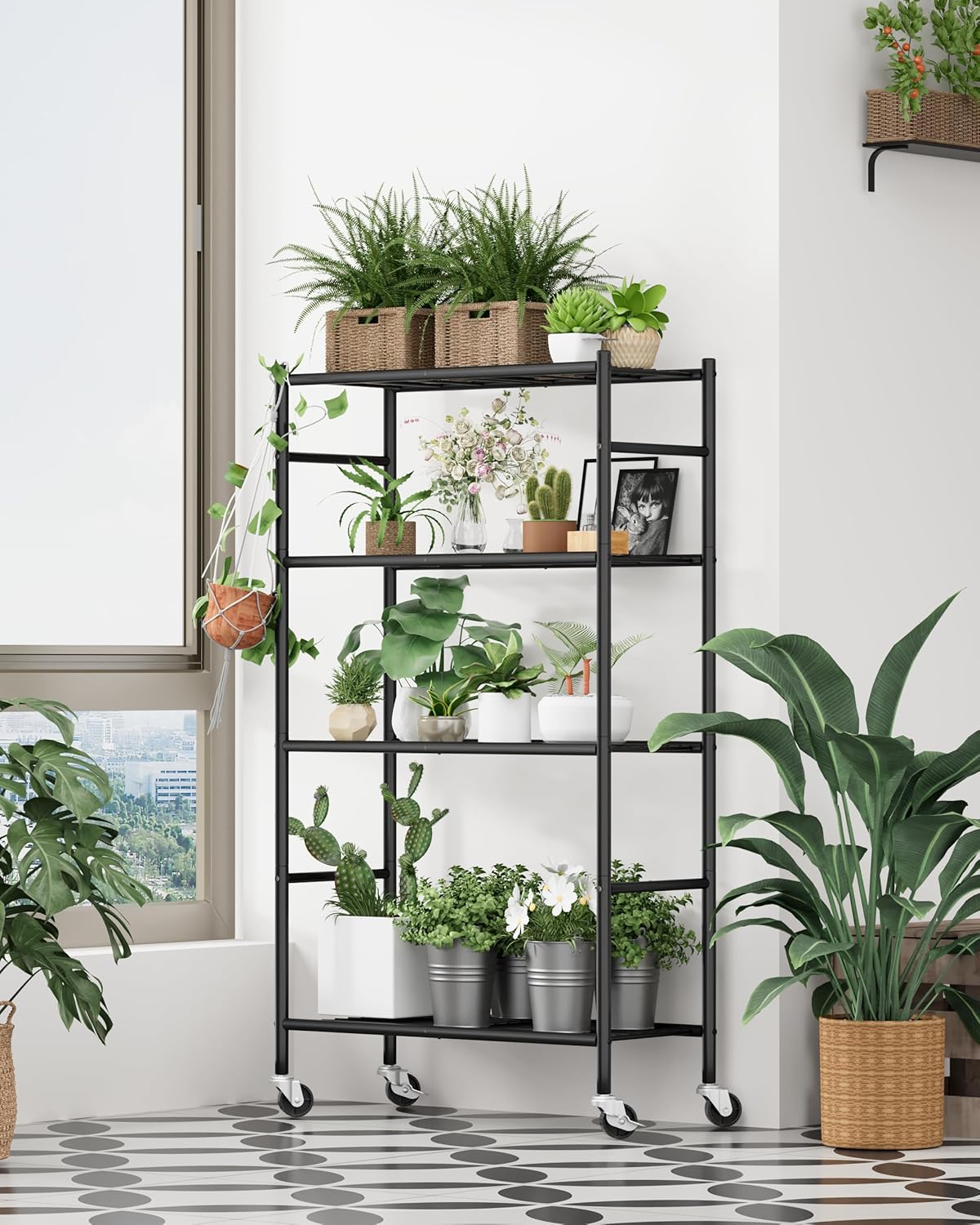 5-Tier Storage Shelves 33.1" x12.6" x73.5" Black with Wheels