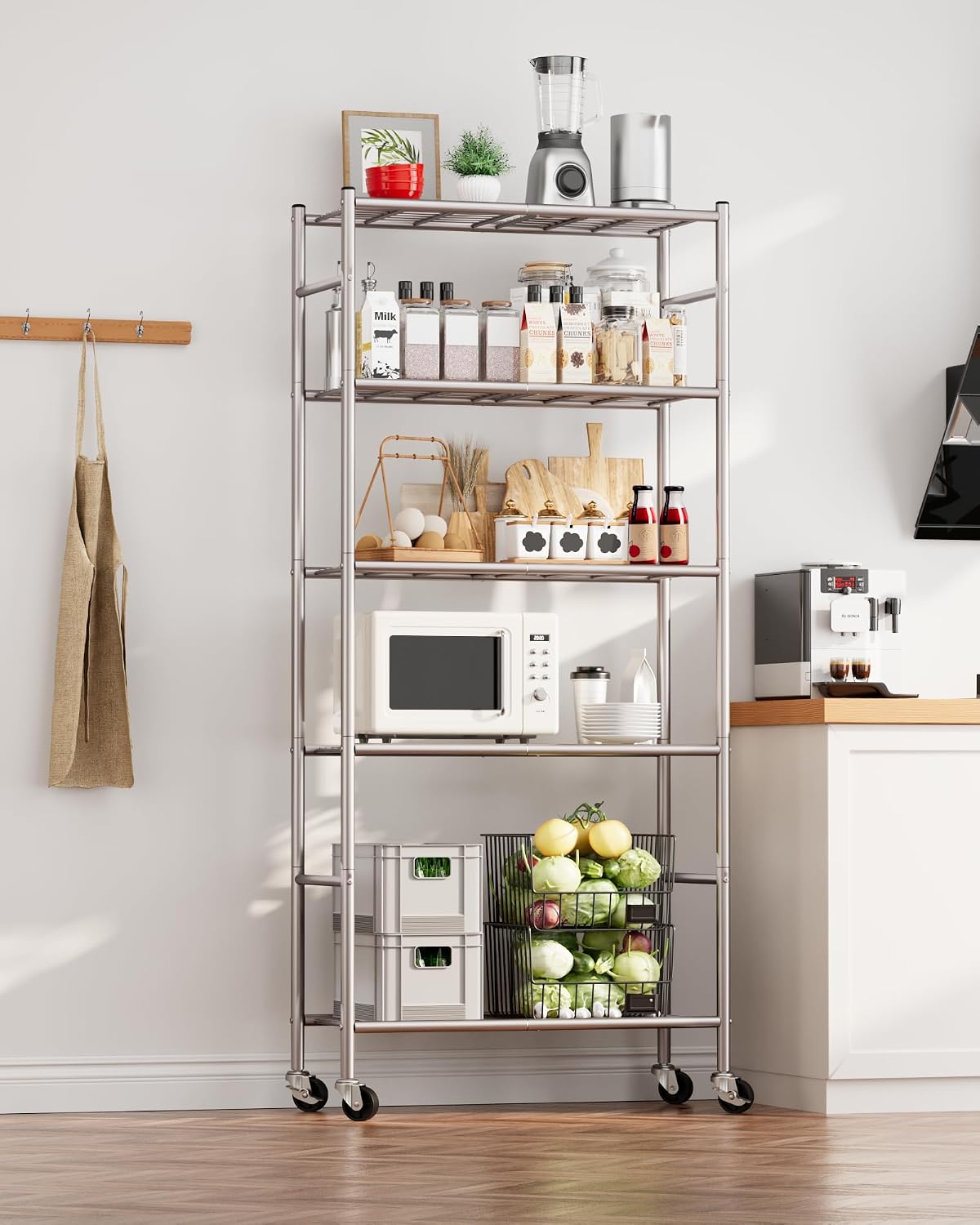 5-Tier Storage Shelves 33.1" x12.6" x73.5" Black with Wheels